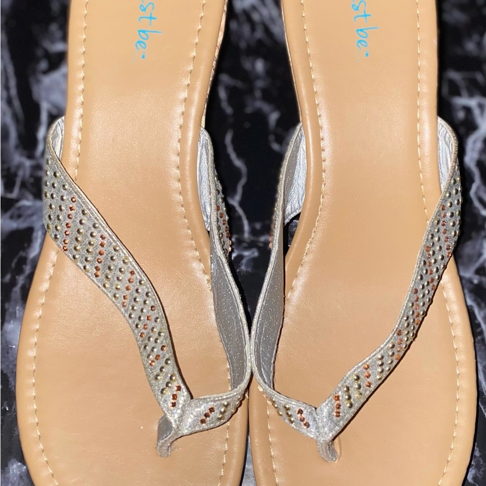 Just Be Silver and Tan Wedge Sandals